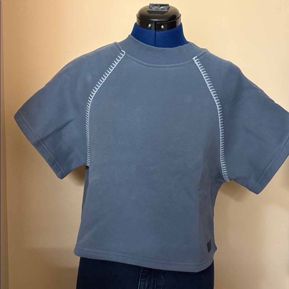UGG Short Sleeve Cropped Tee in Slate Blue with Contrast Stitching